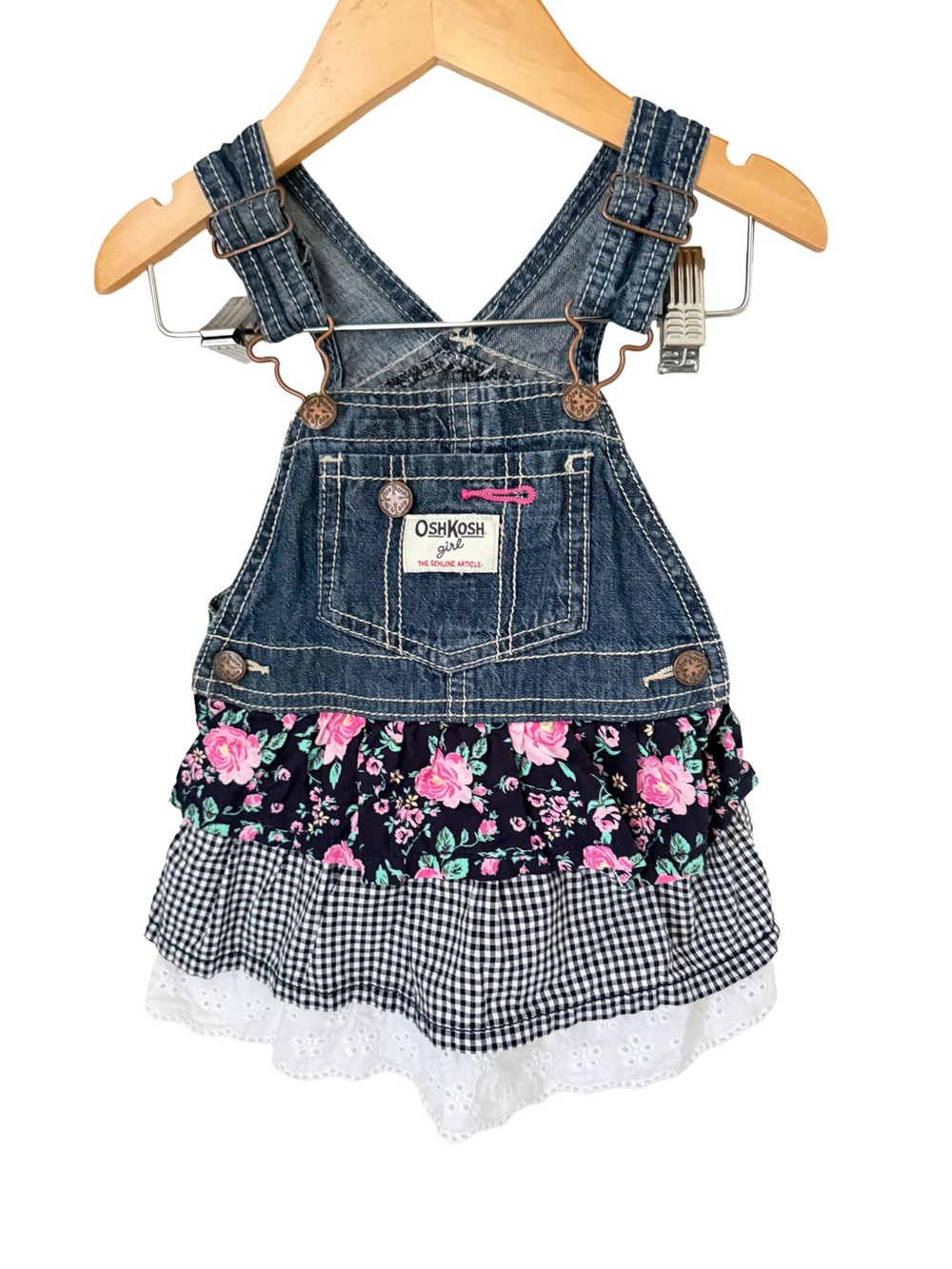 OshKosh B'gosh Denim Ruffle Overall Dress - floral, plaid and eyelet ruffle